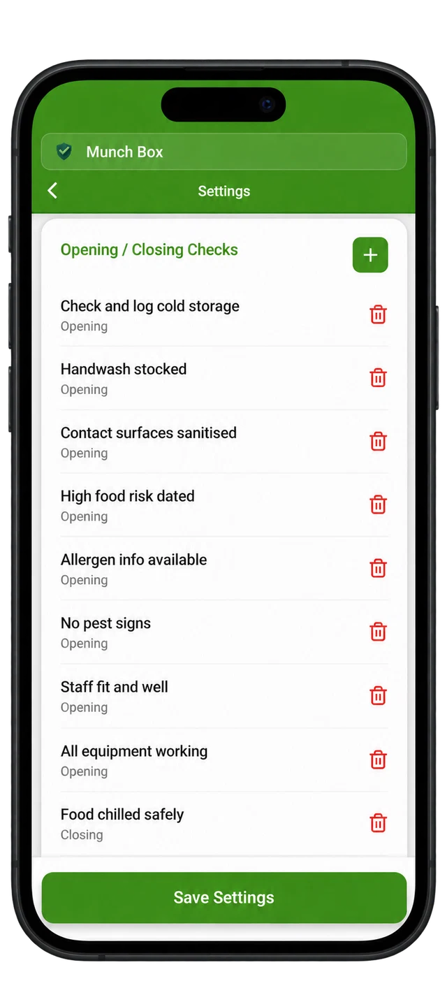 Tailor opening and closing checks in HACCP-records.app