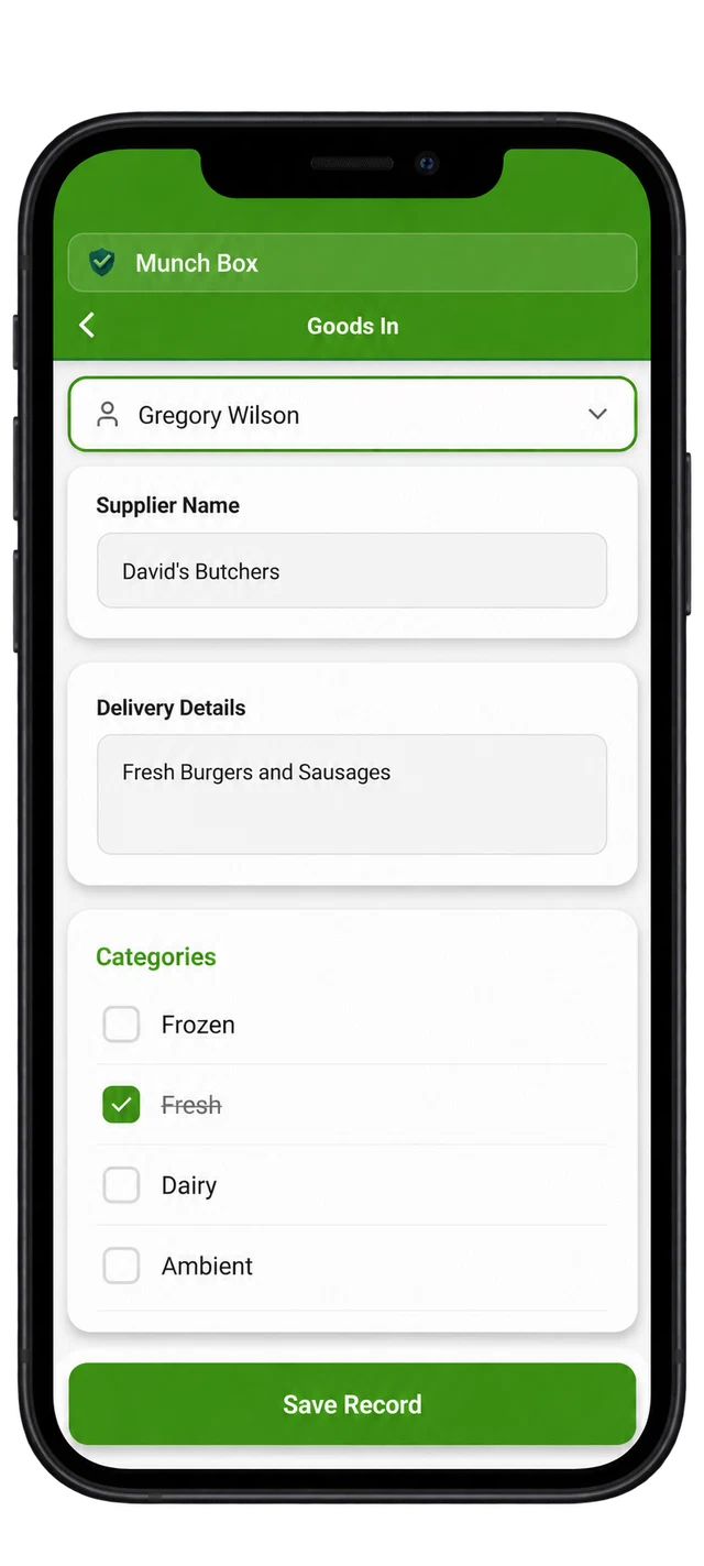 HACCP app goods-in delivery form showing supplier, food categories and delivery details