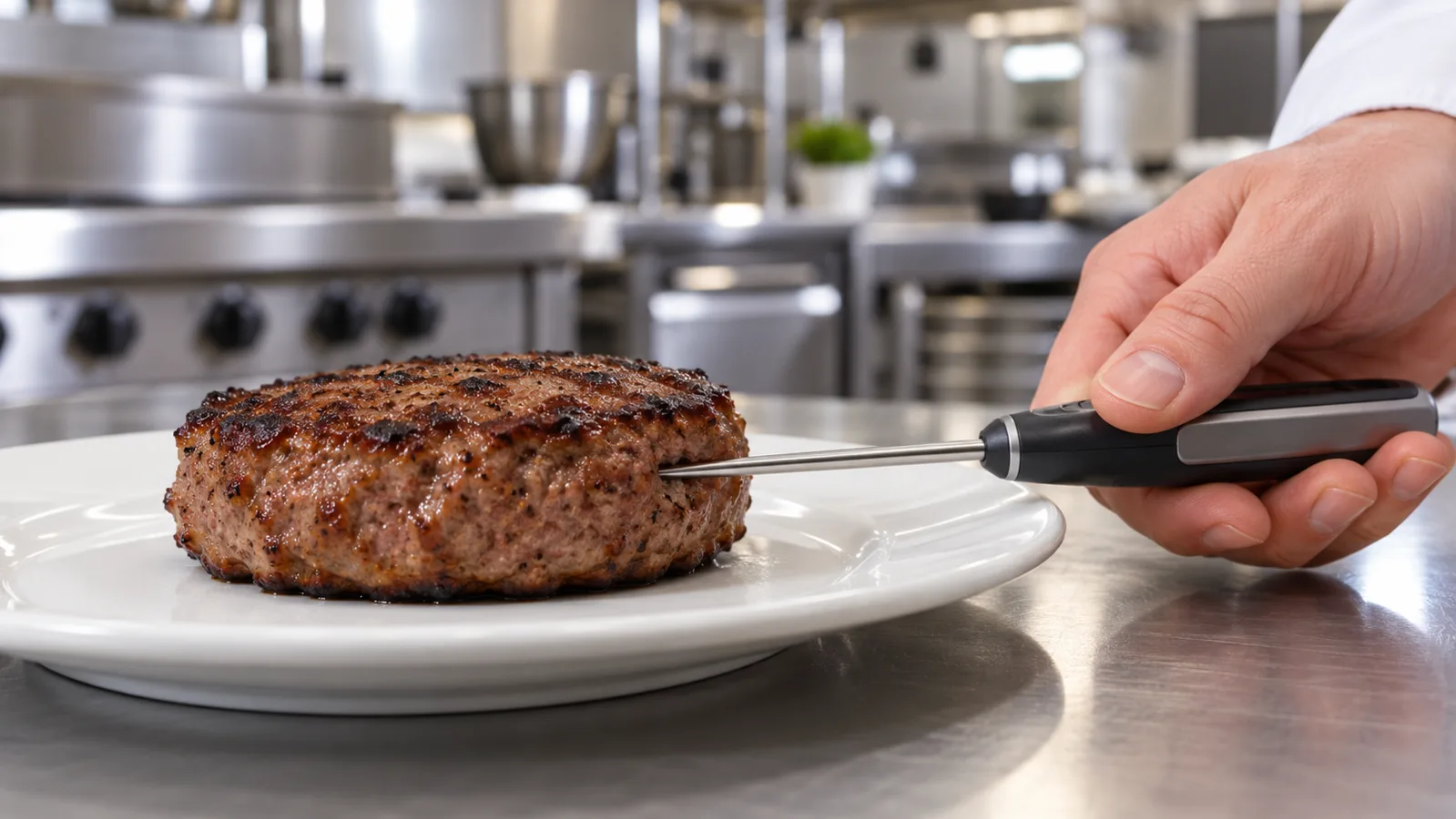 Probe thermometer inserted horizontally into the side of a cooked burger