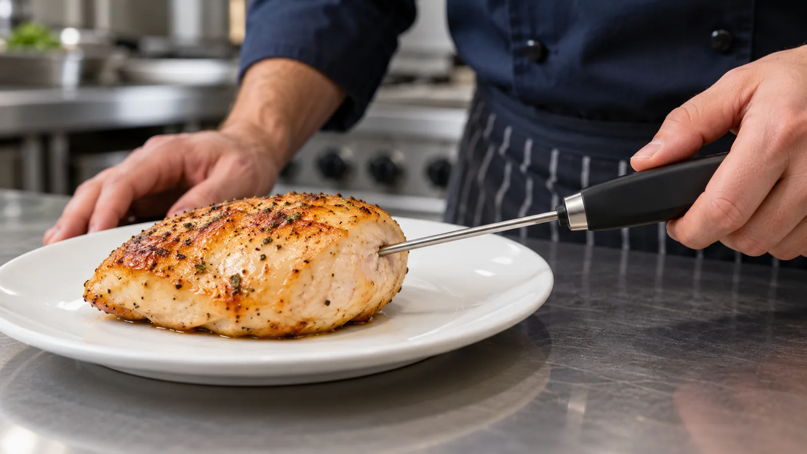 Chef inserting a probe thermometer from the side into the thickest part of cooked chicken