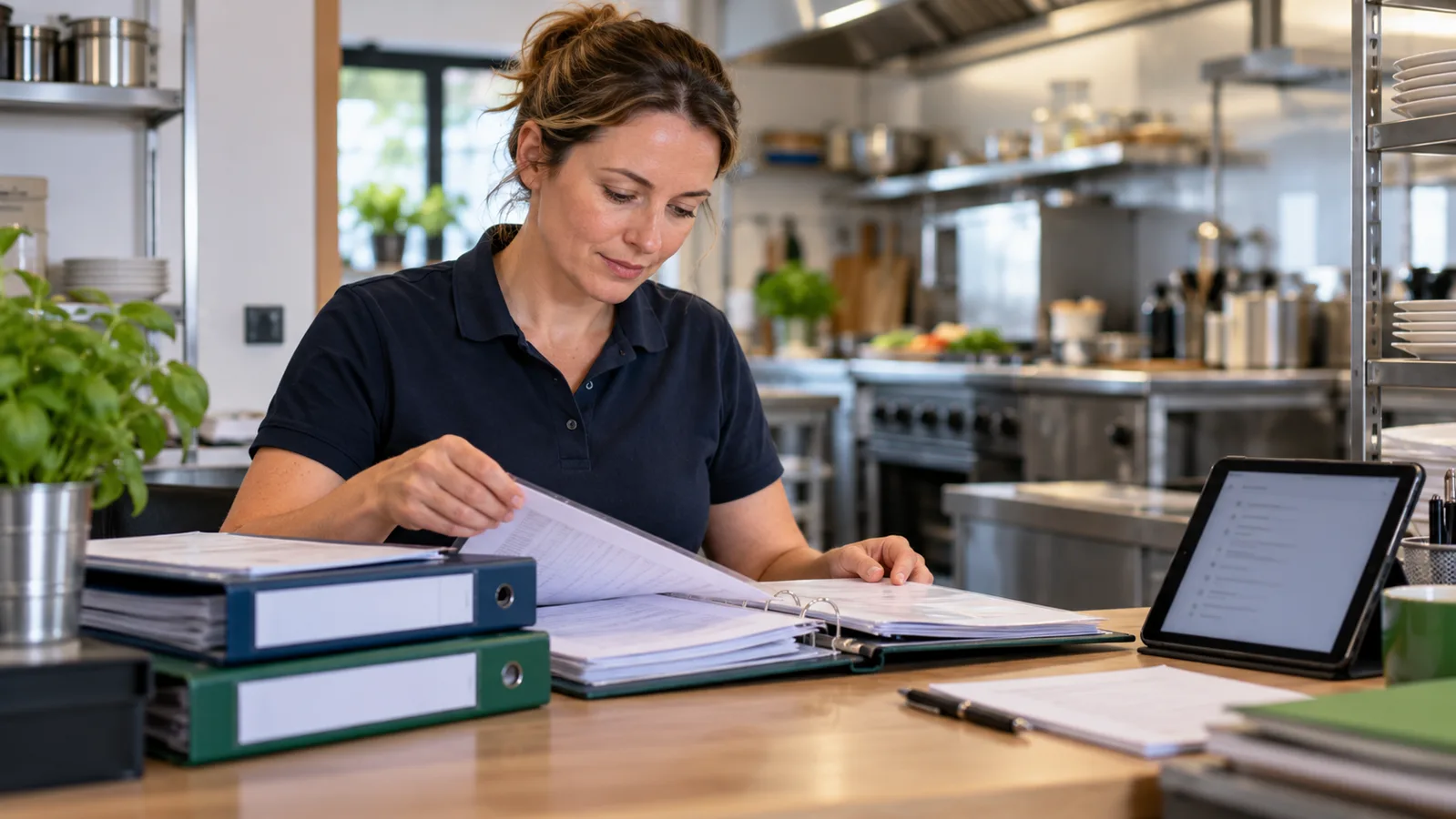 Catering manager reviewing organised food safety records beside a tablet in a small commercial kitchen